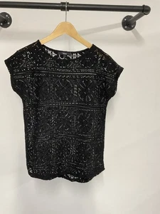 Next Size 8 Black Lace Floral Cap Sleeve Top Sheer Polyester Cotton D370 - Picture 1 of 8