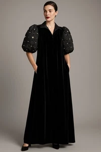 Vintage David Brown x Saks Black Velvet Maxi Gown Puff Satin Sleeves L USA Opera - Picture 1 of 13