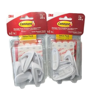 2 Pks 3M Command 8 Small Designer Hooks & 16 Adhesive Strips Per Pack Max 1 lb - Picture 1 of 3