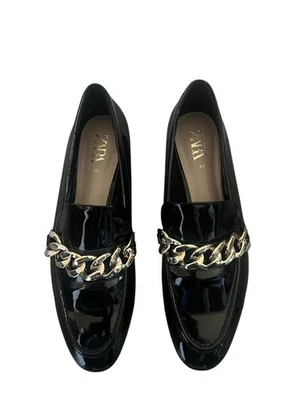 Zara Negro Patenado Cuero Mocasines Zapatos Mujer Talla 40 Foto 1 de 4