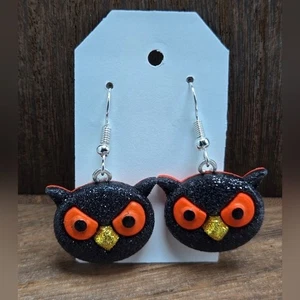 NWT Halloween Black Owl Earrings Sparkle Owl Dangle Drop Light Weight Fashion - Picture 1 of 2