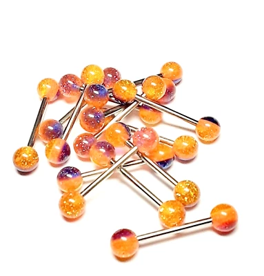 Barbell Tongue Nipple Ring Acrylic/Steel 14 Gauge 5/8" Glitter Org/Purp SET of 2 - Image 1 of 3