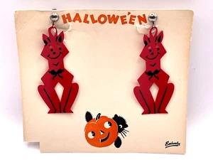Vintage Halloween Celluloid Red Cat Screw Back Earrings Berkander - Picture 1 of 6