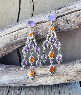 Pendientes colgantes Nicky Butler de plata de ley 925 con topacio miel y amatista NUEVO Foto 1 de 4