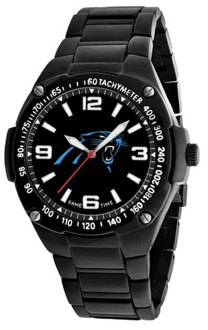 Carolina Panthers Watch Mens Gladiator NFL Black Stainless Wristwatch, NEW Cover