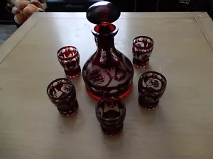 Bohemian CZECH Ruby Red Etched Glass Decanter Set W/6 Glasses/Cups & Stopper! - Picture 1 of 4