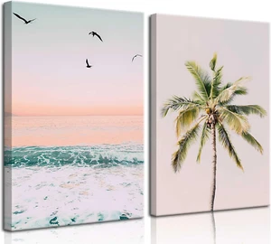 2Pcs Framed Pastel Beach Wall Art Tropical Palm Tree Canvas Posters Prints Coast - Picture 1 of 8