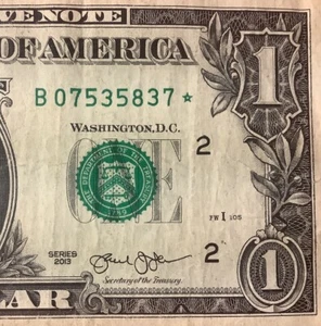Duplicate B 2013 New York Star Note ☆ B 07535837 ☆ FW Error One Dollar Bill - Picture 1 of 6