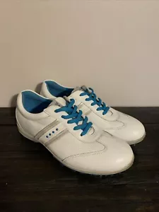 Ecco Leather Lace Up Soft Spike Golf White & Turquoise Shoes Women's EUR Size 39 - Picture 1 of 8