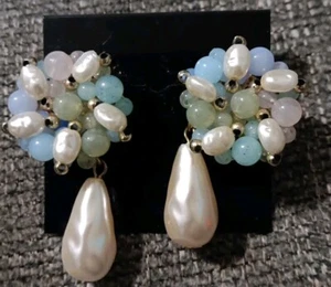 VTG Pastel Blue Beaded Cluster Earrings Dangle Faux Baroque Pearl Pierced Post - Picture 1 of 6