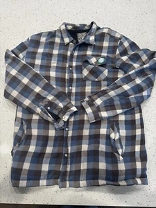 Y2K Metal Mulisha Jacket Blue Gray Plaid Flannel Sherpa Lined Mens LARGE - Picture 1 of 9
