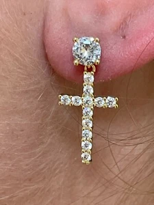 Solid 925 Sterling Silver 14k Gold Plated Dangle Cross Studs Earrings CZ - Picture 1 of 13