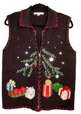 Mercer Street Studio Negro Árbol de Navidad Regalo Suéter Chaleco Feo Mujer’s Talla M Foto 1 de 4