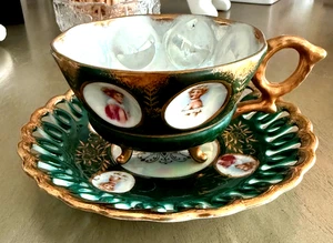 TAZA DE TÉ DE 3 PATAS CHINA ROYAL SEALY CON PLATILLO PORCELANA SET-VERDE-DE COLECCIÓN-JAPÓN - Imagen 1 de 15