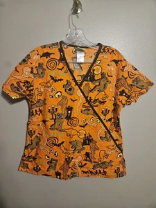 Scooby Doo Womens Halloween Scrub Top Orange Ghosts Cartoon Size Small - Picture 1 of 7