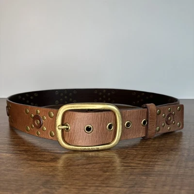 De Colección Y2K Calvin Klein Cuero Marrón Tachonado Latón Hebilla Mujer Cinturón Declaración M Foto 1 de 4