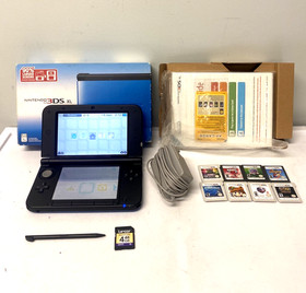 Nintendo 3DS XL blue console with box charger AR cards stylus 8 games Mario USA