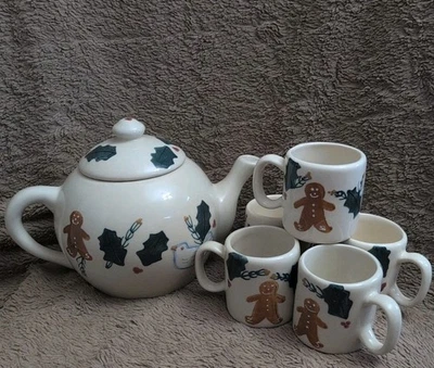 Tetera o cacao Hartstone Pottery Gingerbread Man Holly con 5 tazas Foto 1 de 4