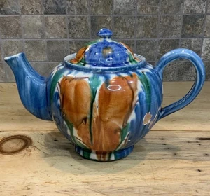 Vintage mexikanische Keramik Tropfgeschirr Teekanne mit Deckel bunt handbemalt Blumen Volkskunst - Bild 1 von 20