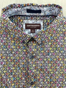 Johnston & Murphy Mens Shirt Fish Print Short Sleeve Collared Cotton Blue Sz XL - Picture 1 of 8
