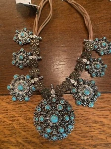 GARDENIA Silver Tone Faux Turquoise Stone Bib Necklace Western Fashion NWT - Picture 1 of 6