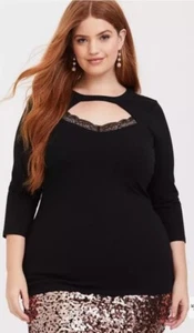 Torrid Cutout Neck Lace Foxy Top Womens Plus Size 3X Black 3/4 Sleeve New - Picture 1 of 18