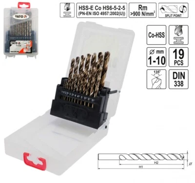 Edelstahl-Bohrer 19 tlg Cobalt Kobalt Metall Spiral-Bohrer Satz Co-Hss 1-10 mm - Bild 1 von 4