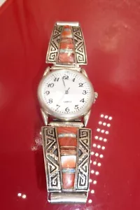 Hopi Unsigned Strap Watch Tip Bracelet Opal Spiny Oyster Inlay Sterling Silver - Picture 1 of 9