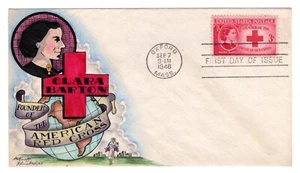 #967 Clara Barton Red Cross Dorothy Knapp Hand Painted Cachet 1948 FDC Oxford MA - Picture 1 of 2