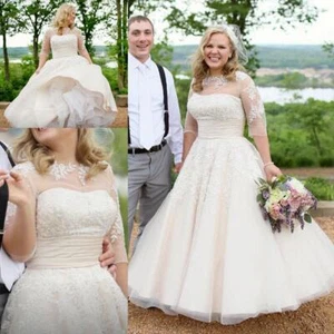 Ivory Wedding Dresses Half Sleeves Lace Appliques A Line Plus Size Bridal Gown - Picture 1 of 10