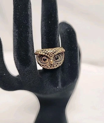Brass Owl Head Face Ring With Black Onyx Eyes Size 6.5 Vintage - Image 1 of 4