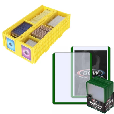BCW 1600 Yellow Card Bin + 200 Green Border 3x4 Toploaders Storage - Image 1 of 4