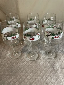 6er Set Vintage Libbey Winter Village Glas Weinkelche - Bild 1 von 6