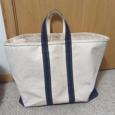 Bolso de Mano LL Bean Boat y Bolso de Lona Marfil con Correas Azules Etiqueta Diente de Sierra Foto 1 de 4