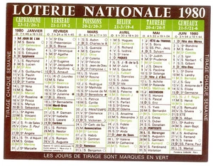 France, 1980, Vintage Pocket Calendar - National Lottery / Loterie Nationale - Picture 1 of 2