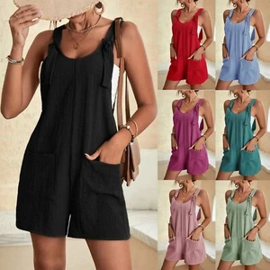 Womens Summer Casual Rompers Sleeveless Loose Short Jumpsuits Overalls W/ Pocket - Picture 1 of 13