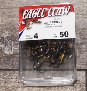 New Eagle Claw 2x Treble hooks Size 4 Qty 50 - Picture 1 of 4