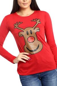 Womens Xmas Reindeer Christmas Stretchy Short Sleeve Printed Top T Shirt