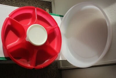 TUPPERWARE SERVING CENTER RED AND OPAQUE WITH WHITE DIP DISH AND SEAL - Image 1 of 3