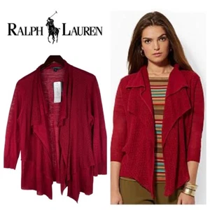 NEW Ralph Lauren Large 12 14 Open Cardigan Sweater 100% LINEN Red Waterfall 1e - Picture 1 of 5