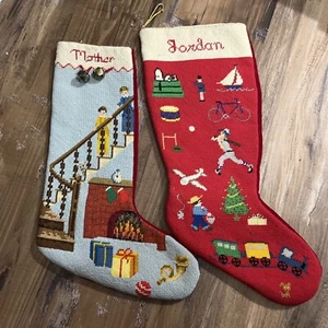 Lot Of 2 Finished Cross Stitch Christmas Stockings-Vintage-Red Velvet Backs - Picture 1 of 5