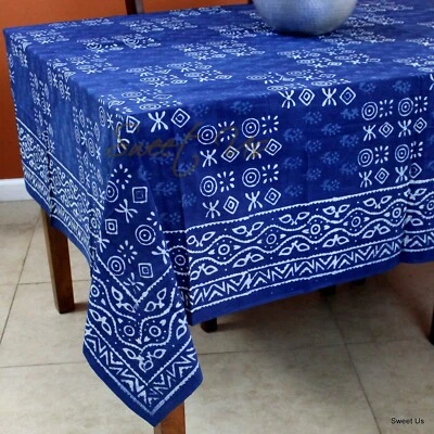 Cotton Hand Block Print Dabu Tablecloth Square 70 x 70 inches Indigo Blue - Image 1 of 4