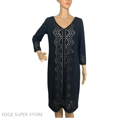 Vestido de noche David Meister negro manga larga cuello en V corte láser talla 10 Foto 1 de 4