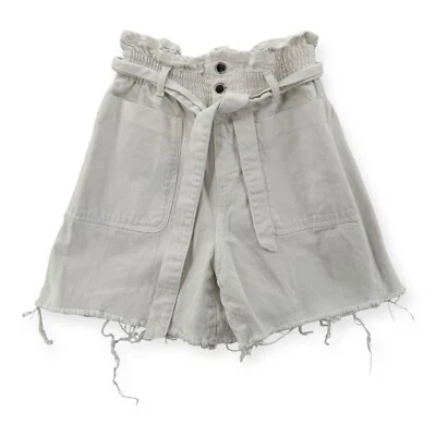 Pantalones Cortos Zara Jeans Para Mujer Talla 6 Tiro Alto Bolsa de Papel Blanco Denim Corbata Elástica Foto 1 de 4