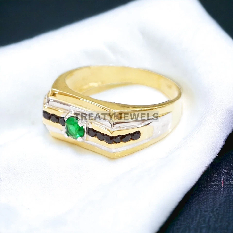 Esmeralda corte redondo con anillo enchapado en oro de plata de ley 925 para hombre #633 Foto 1 de 4