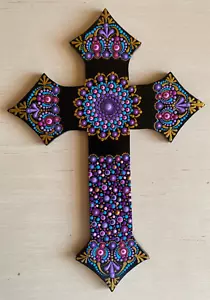 CROCE DIPINTA A MANO ~ Mandala Dot Art ~ Artista originale - Pasqua ~ Gesù - Foto 1 di 4