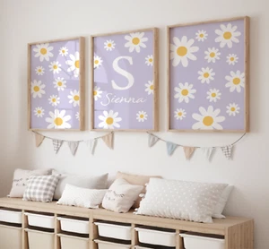 Girls Nursery Prints, Daisy Girls Bedroom, Personalised Name Print, Lilac Purple - Picture 1 of 10