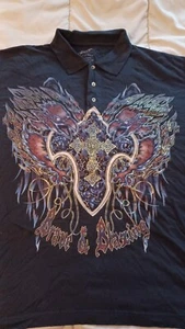Decoded Men's Black Size XL- Gothic Graphic Cross Print Brave Blazing Polo Short - Picture 1 of 9