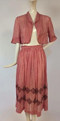 VINTAGE 1940’S RED + WHITE GINGHAM COTTON SUIT W CROSS STITCH DETAIL - Image 1 of 4