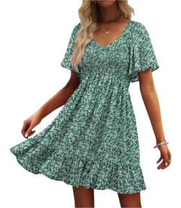 Ueal Women floral Smocked Midi Dress L Boho Paesant Fairy Festival Cottagecore - Picture 1 of 12